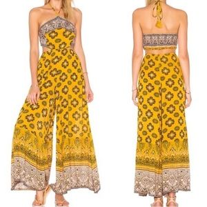 Free People Maribelle Gold Cut-Out Boho Wide Leg Halter Jumpsuit Size Medium